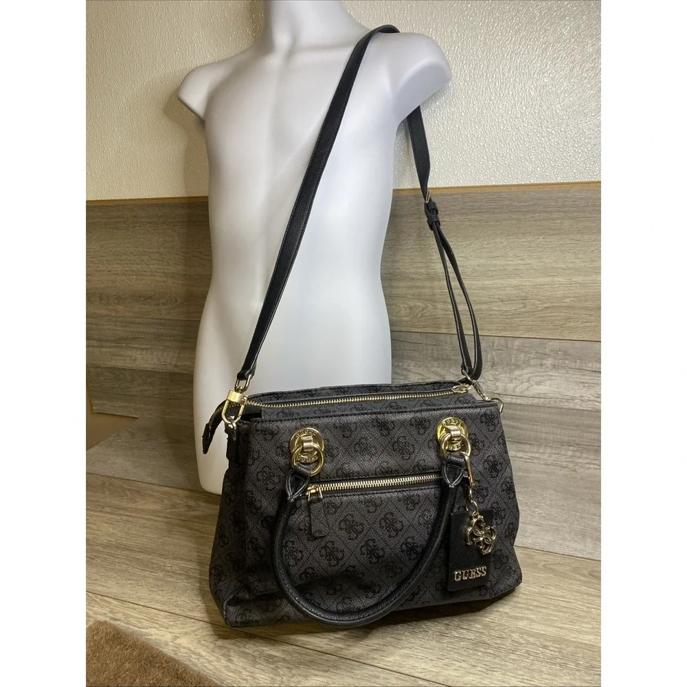 Guess EST 1981 Cathleen Charcoal Black Satchel 3 Compartment Handbag‎